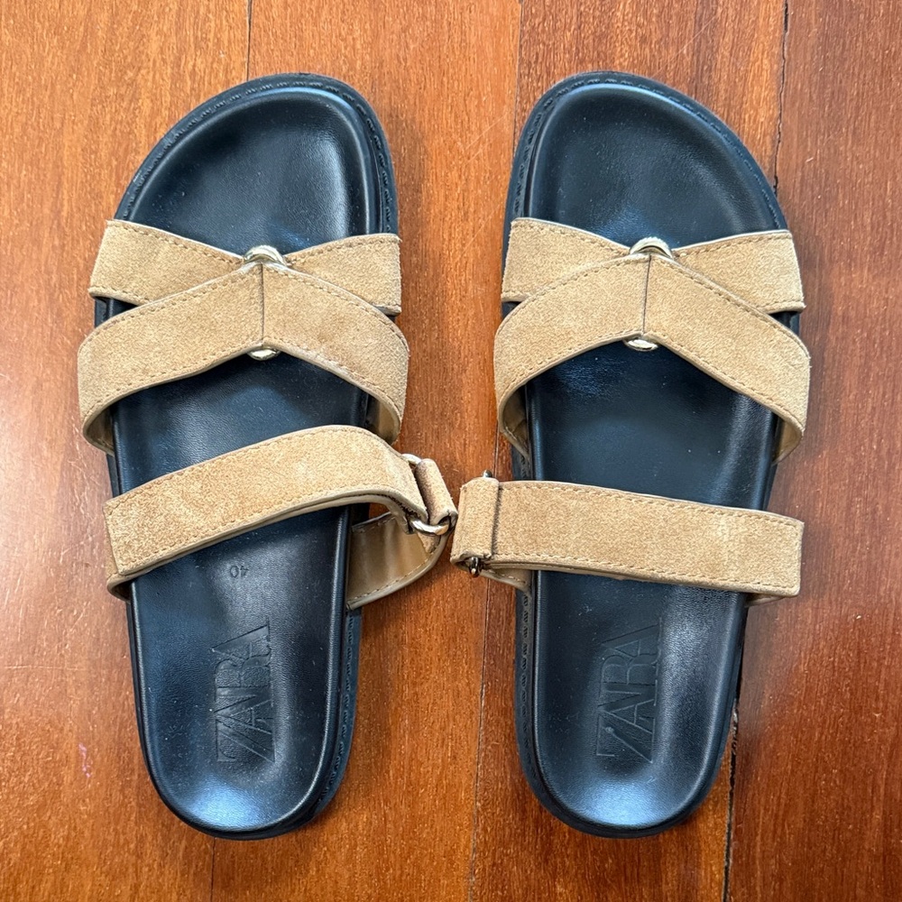 Zara Black Footbed Sandals with Tan Suede Straps